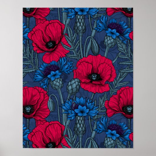 Red poppies and blue cornflowers on blue ポスター (正面)