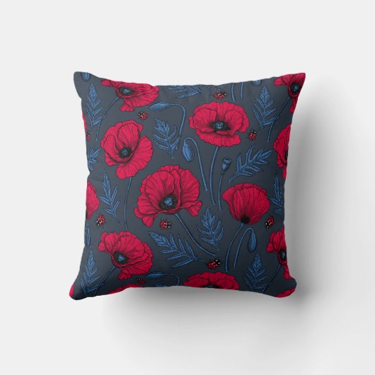 Red poppies and ladybugs on dark blue クッション (裏面)