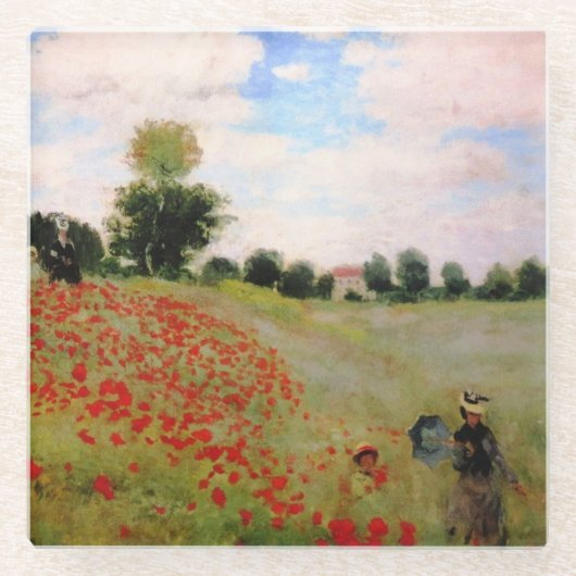 Red Poppies by Monet - Poppy Field Parasol Woman ガラスコースター (正面)