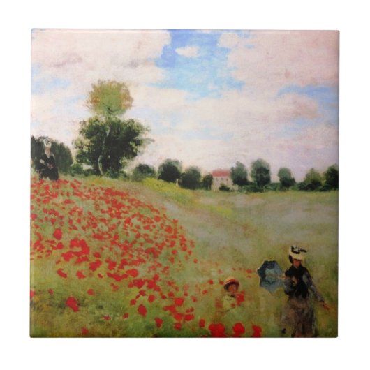 Red Poppies by Monet - Poppy Field Parasol Woman タイル (正面)