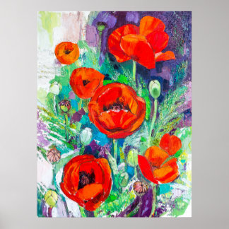 Red Poppies Impasto Oil Painting Style  ポスター