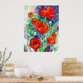 Red Poppies Impasto Oil Painting Style  ポスター (キッチン)