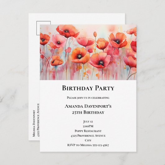 Red Poppies in a Field Waterカラー誕生日 インビテーションポストカード (正面/裏面)