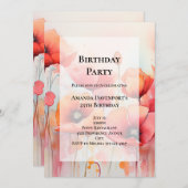 Red Poppies in a Field Waterカラー誕生日 招待状 (正面/裏面)