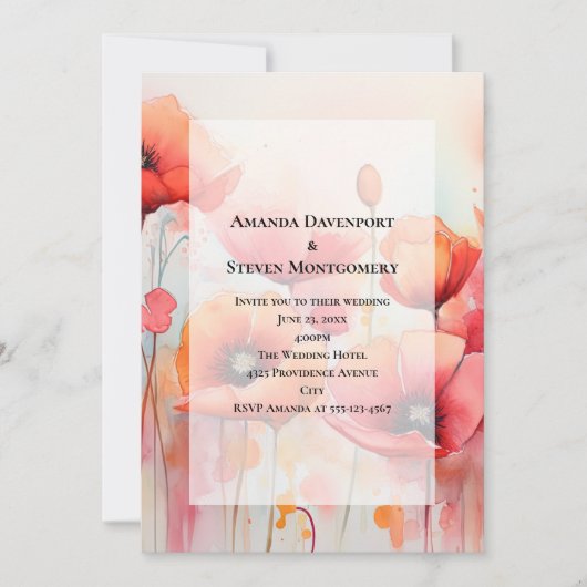 Red Poppies in a Field Water 結婚 color's 招待状 (正面)