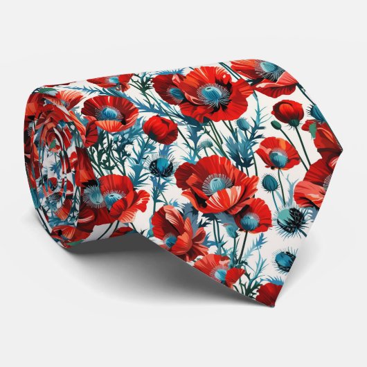 Red Poppies & Silver Thistles Seamless Botanical  ネクタイ (ロール)