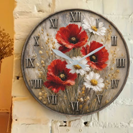 Red Poppies White Daisies Rustic Wildflower ラージ壁時計