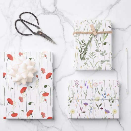 Red Poppy And Green Leaves Purple Flowers Patterns ラッピングペーパーシート (正面)