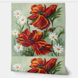 Red Poppy & Daisy Floral Wallpaper 壁紙