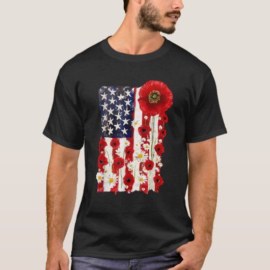 Red Poppy Flower US Flag Patriotic Veterans Day Me Tシャツ (正面)