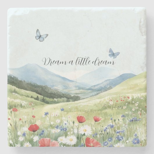 Red Poppy Flowers Blue Butterflies ストーンコースター (正面)