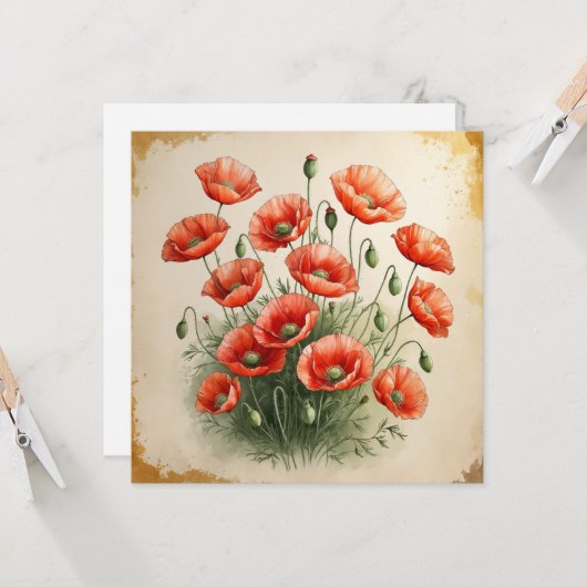 Red Poppy Flowers Bouquet  カード (正面/裏面インサイチュ)