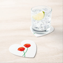 Red Poppy Flowers Heart ペーパーコースター