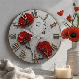 Red Poppy Lady Elegant Floral Portrait with Rose ラージ壁時計