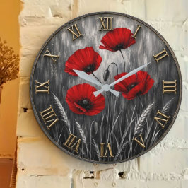 Red Poppy Modern Botanical Floral Black & White ラージ壁時計