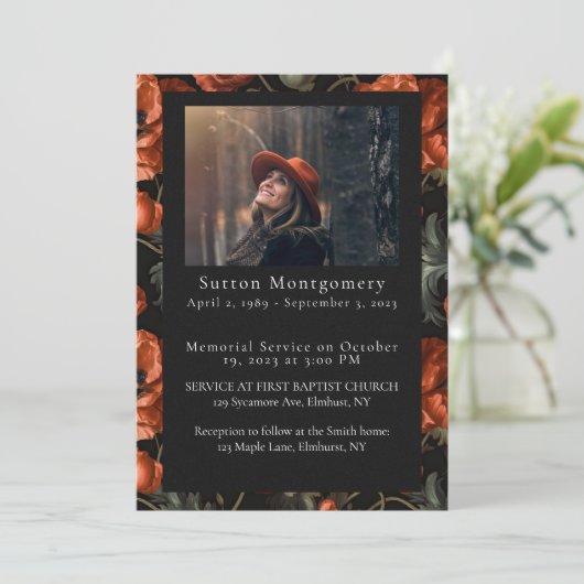 Red Poppy Moody写真の葬儀のお知らせ 招待状 (スタンド正面)