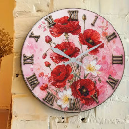 Red Poppy Watercolor Romantic Floral Botanical ラージ壁時計