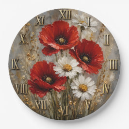 Red Poppy White Daisy Elegant Floral Meadow Decor ペーパープレート