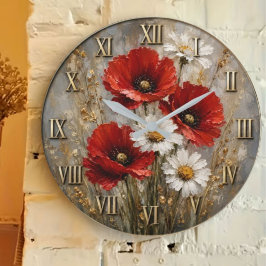 Red Poppy White Daisy Elegant Floral Meadow Decor ラージ壁時計