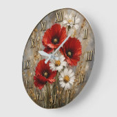 Red Poppy White Daisy Elegant Floral Meadow Decor ラージ壁時計 (傾斜)
