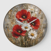 Red Poppy White Daisy Elegant Floral Meadow Decor ラージ壁時計 (正面)