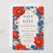 Red Poppy Wildflower Elegant Blue and Red Floral セーブザデート (正面)