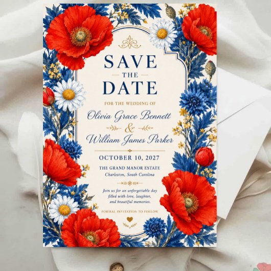 Red Poppy Wildflower Elegant Blue and Red Floral セーブザデート