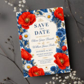 Red Poppy Wildflower Elegant Blue and Red Floral セーブザデート