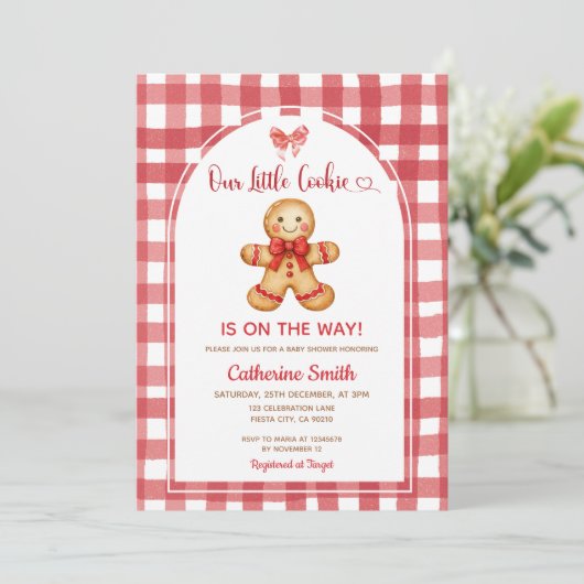 Red Preppy Gingham Gingerbread Baby Shower  招待状 (スタンド正面)