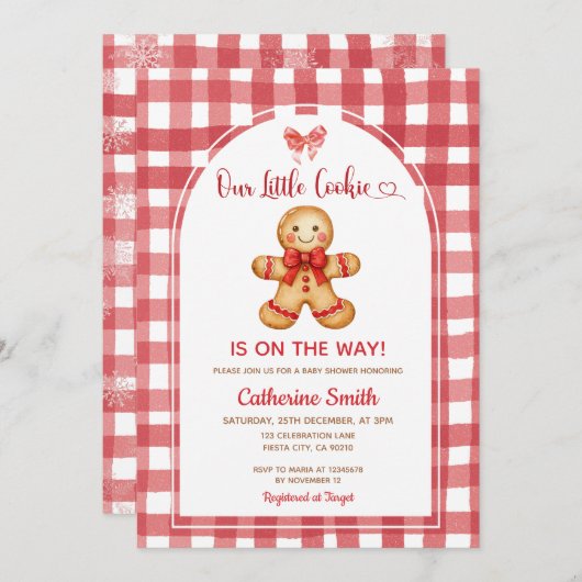 Red Preppy Gingham Gingerbread Baby Shower  招待状 (正面/裏面)