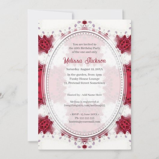 Red Princess Fractal Lace Fab Forty Birthday  招待状 (裏面)