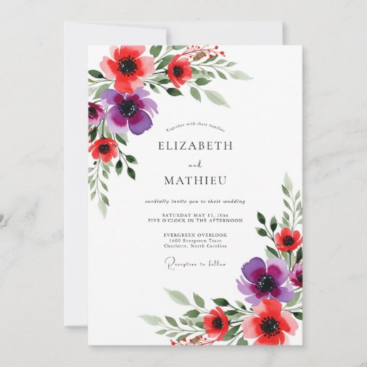 Red Purple Floral Whimsical Wedding 招待状 (正面)