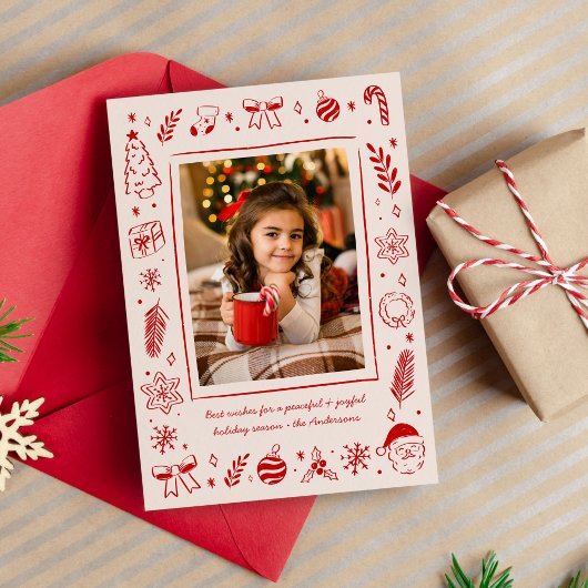 Red Quirky Whimsical Hand-Drawn Christmas Icons シーズンカード