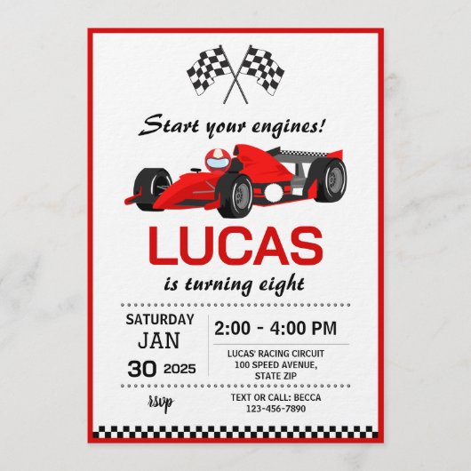 Red Race Car Birthday Party 招待状 (正面)