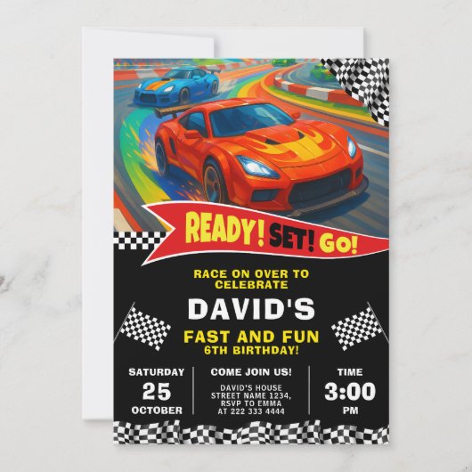 Red Race Car Birthday Party 招待状 (正面)