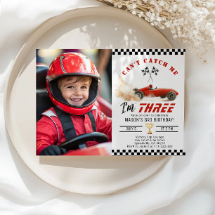 Red Race car Cant catch me Boy Photo 3rd Birthday 招待状