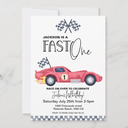 Red Race car FAST ONE Birthday invition 招待状 (正面)