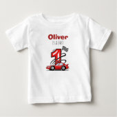 Red Race Car Fast One First Birthday ベビーTシャツ (正面)