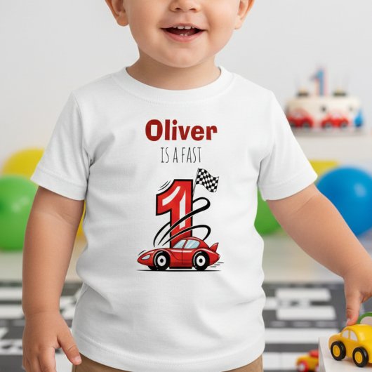 Red Race Car Fast One First Birthday ベビーTシャツ
