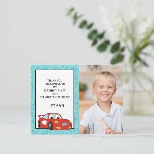 Red Race Car on Blue誕生日写真ありがとう ポストカード (スタンド正面)
