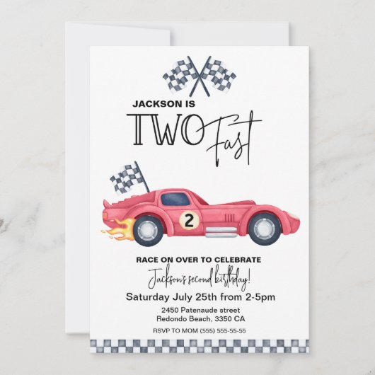 Red Race car TWO FAST Birthday invitation 招待状 (正面)