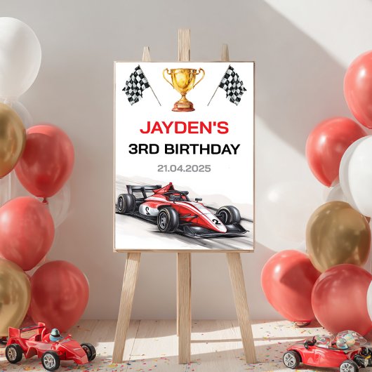 Red Racing Car Boys Birthday Welcome Poster ポスター