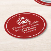 Red Real Estate Company Custom Realtor Party ラウンドペーパーコースター (アングル)
