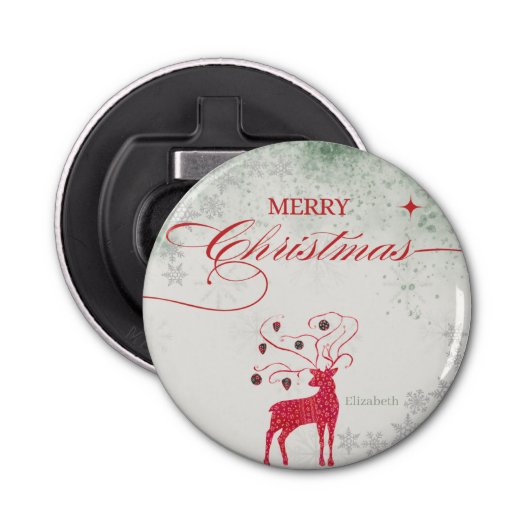 Red Reindeer Silver Snowflakes Green Christmas 栓抜き (正面)