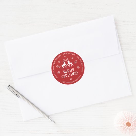 Red Reindeer Snowflake Christmas Return Address ラウンドシール (封筒)