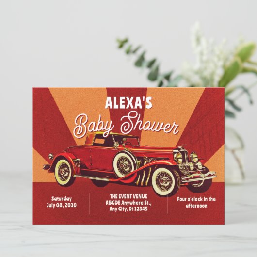 Red retro classic car baby shower 招待状 (スタンド正面)