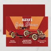 Red retro classic car baby shower 招待状 (正面/裏面)