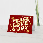 Red Retro Groovy Peace Love Joy Christmas 箔シーズンカード (正面)