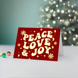 Red Retro Groovy Peace Love Joy Christmas 箔シーズンカード