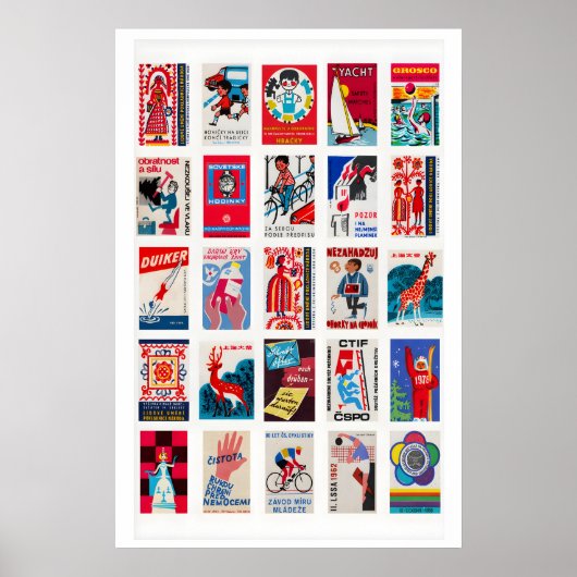 Red Retro matchbox labels wall art, Collage ポスター (正面)